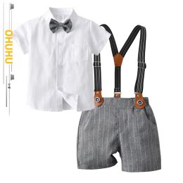 Blazers 2022 Été Nouveau petit garçon gentleman costume arc mince sangle qui sèche pour enfants ensembles de vêtements à manches courtes