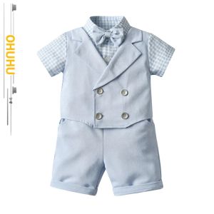 Blazers 2022 Zomer Nieuwe formele jurk Boy Plaid Suit Baby Gentleman Solid Color Vest Twopion Short Sleeveved Suit blauw 3009