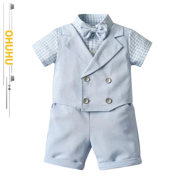 Blazers 2022 Été Nouvelle robe formelle garçon plaid costaid bébé gentleman coloride gilet twopiece shortsleeved costume bleu 3009