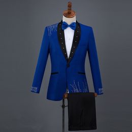 Blazers Adulte Men's Costumes Robe de mariée Bling Crystals Blanc Blue Blazers Performance Costume Chorus Chorus Tenue de scène Prom Comper Mast