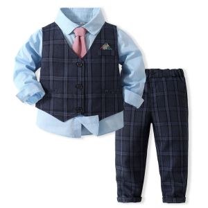 Blazers Baby Boy Formal Suits Kleding Boy Gentleman Lange Mouw Shirt Tie Vestbroek 4pcs Set Kinderen Verjaardags trouwfeestjurk