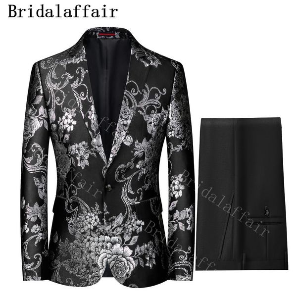 Blazers Bridalaffair Patrón de plata negro Trajes de fiesta para hombres Cantante de escenario Hombre Chaqueta floral entallada informal Pantalones negros Vestido de fiesta con esmoquin