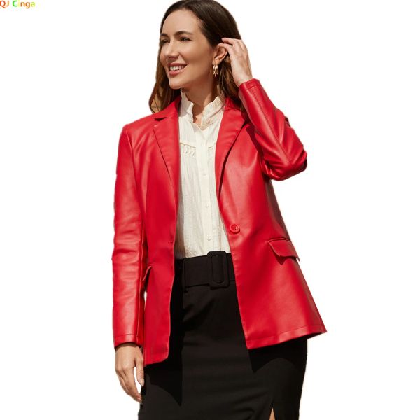 Blazers rojo brillante con un solo botón, chaqueta de traje para mujer, Blazers de tela de PU, abrigo ajustado en negro, azul y marrón para mujer S M L XL XXL XXXL