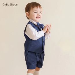 Blazers CnbeiBoom Boutique Boys Girls Set Formele verjaardagspak Kids Blue Vest Shirt Short Bowtie Trouwjurk Pak Kostuum