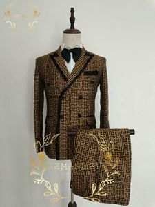 Blazers moda marrón a cuadros novio esmoquin doble botonadura trajes de boda para hombre vestido de fiesta masculino traje chaqueta + Pantalones