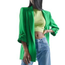 Blazers Fashion Casual lâche Blazers Blazers Femmes Elegant Green Green Rollable Sleeve Vestes Femmes Points de printemps Suisses hétéros Médies