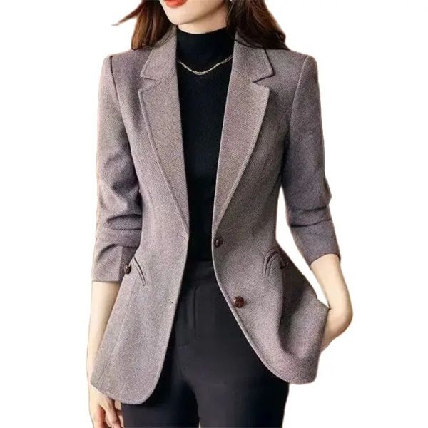 Blazers Blazer en laine à chevrons pour femmes 2023 automne hiver nouveau Slim bureau dames Blazers manteau court femme classique vêtements d'extérieur décontractés hauts