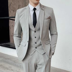 Blazers Jas Broek Vest 3 Stks Set / 2021 Mode Mannen Casual Boutique Business Striped Slim Fit Pak Coat Broek Gestvatcoat X0909