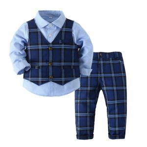 Blazers Kids Boy Gentleman Vêtements Ensemble de chemises à manches longues + gilet + pantalon Toddler Boy Tenues pour les tenues de robe de fête de mariage