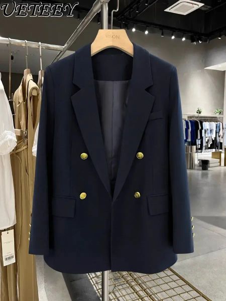 Blazers para mujer, novedad de otoño 2023, abrigo de traje informal de manga larga azul marino de gama alta, chaqueta de traje Formal para ir al trabajo sencilla AllMatch