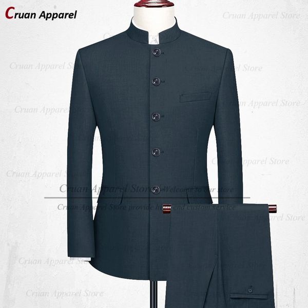 Blazers Últimas marcas Trajes de túnica chinos de talla grande para hombres Slim Best Man Groom Wedding Tuxedo Set Blue Stand Collar Jacket Pants 2Pcs