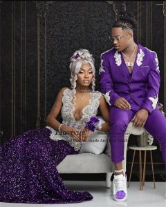 Blazers Men's 3 -piece bruiloft Tuxedos Set Purple Suit ingekapte revers met kristallen kralen