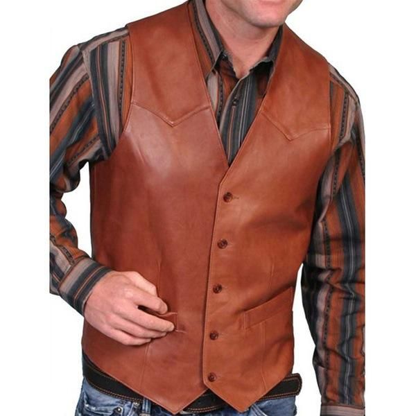 Blazers Gilet en cuir rétro punk pour hommes col en V marron couleur unie costume de performance à simple boutonnage sans manches coupe ajustée pour hommes décontractés