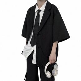 Blazers Hommes Étudiants Demi-manches Jeune Été Simple All-Match Japonais Fi Preppy Style Beau Streetwear Populaire Cool u6Fi #