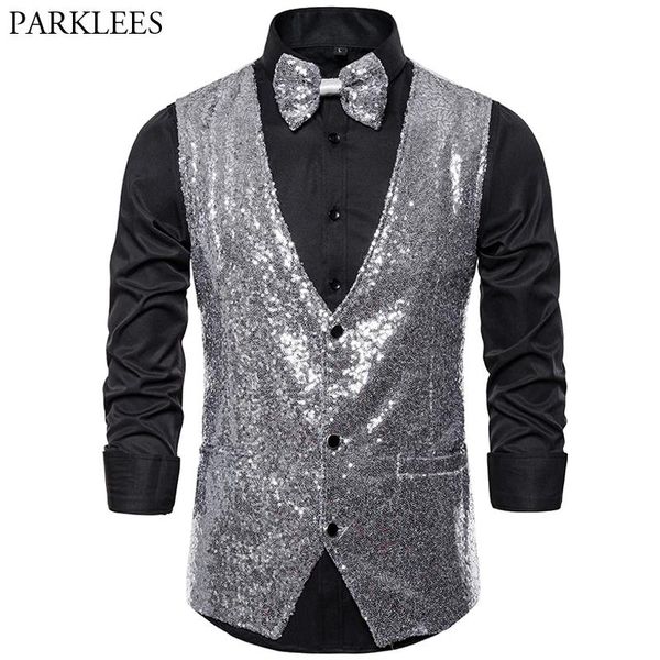 Blazers Chalecos de lentejuelas brillantes para hombre, chaleco con purpurina plateada, chaleco de fiesta para hombre, pajarita para boda, club nocturno, escenario para DJ, chaleco para traje Masculino