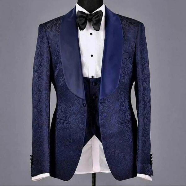 Blazers Bleu marine Floral Jacquard Groom Tuxedo pour mariage Slim Fit 3 pièces Hommes Costume Veste Gilet avec pantalon noir Man Fashion 2021