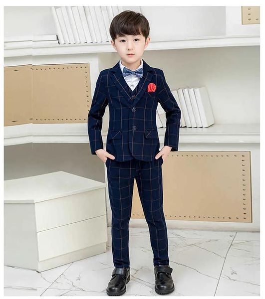 Blazers Bleu marine Tweed Plaid garçons costumes 3 pièces ensemble enfants bal mariage costume Blazer surdimensionné enfants formel smoking veste pantalon gilet X090