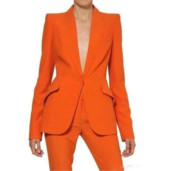 Blazers a medida para mujer, trajes de pantalón naranjas de manga larga para mujer, esmoquin con bolsillos inclinados para oficina y negocios, trajes de Ropa de Trabajo formales