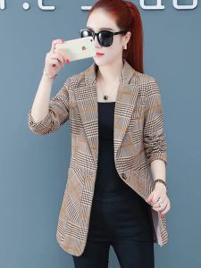 Blazers Eenvoudige kantoorblazer Dames Casual All Match Single Breasted Chic Plaid Lange mouw Temperament Streetwear Werkkleding