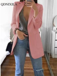 Blazers Spring damesjas roze witte lange blazer oversizer elegante mode casual kantoorkleding vrouwelijk slanke vest pak jas 240226