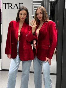 Blazers TRAF 2024, chaquetas rojas a la moda para mujer, cuello vuelto, manga larga, bolsillos decorativos, chaquetas y abrigos de un solo botón para mujer