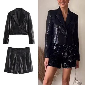 TRAF Vrouw Pailletten Blazer Luxe Cropped Jas Dames Schoudervullingen Knop Korte Blazers Voor Vrouwen + Zwarte Hoge Taille Shorts Set