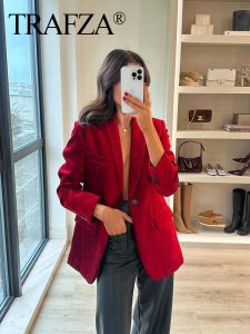 Blazers TRAFZA 2024 chaqueta de mujer abrigos rojo cuello vuelto mangas largas bolsillos decorar un solo botón primavera Blazers mujer moda