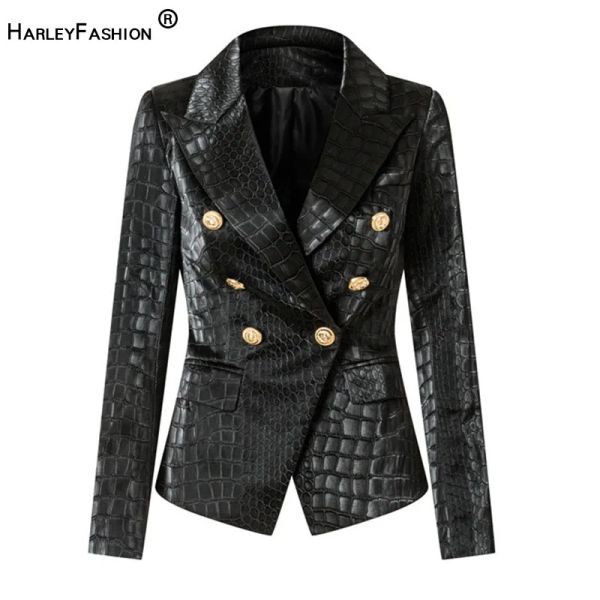 Blazers Designing Animal Crocodile Match Le cuir Black Blazer for Women Double Breasted Boutons Luxuous Pu Street Vestes