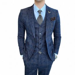 Blazers + Gilet + Pantalon Printemps Nouveau Fi Gentleman Hommes Plaid Loisirs Costume Veste Ensembles Angleterre Simple Marié 3 Pièces Tuxedo 5XL 09Mz #