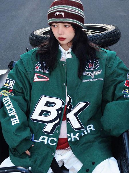 Blazers Vintage Street Car Jacket Lettre américaine Impression Varsity Veste Vert Foncé Techwear Racing Manteau pour Hommes Femmes Couples Bomber