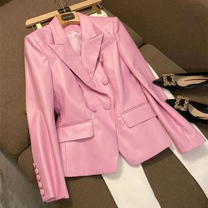 Blazers Mujer Blazers de piel sintética rosa abrigo OL mujer traje cruzado cárdigan chaqueta con cuello vuelto Tops cortos de doble botonadura