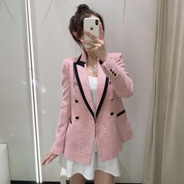 Blazers Xitimeao femmes mode Double boutonnage Tweed carreaux Blazers manteau Vintage à manches longues poches vêtements de dessus pour femmes Chic hauts