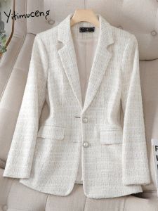 Blazers Yitimuceng Plaid Blazers voor vrouwen 2023 Pearl Pearl Single Breasted Long Sleeve Jacket Elegant Office Ladies Turn Down Collar Coats