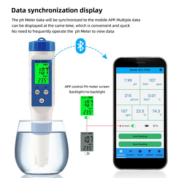 BLE-9909 Bluetooth inteligente Medidor de salinidad de agua Medidor de ph Pen para acuarios Aquacultura de mariscos de pescado de la piscina