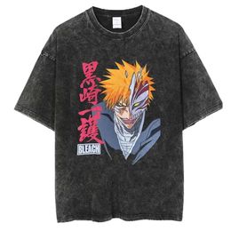 Bleach Anime T-shirts 2023 Vintage lavé hommes t-shirt Kurosaki Ichigo imprimé T-shirts Y2K Streetwear 100% coton décontracté hauts