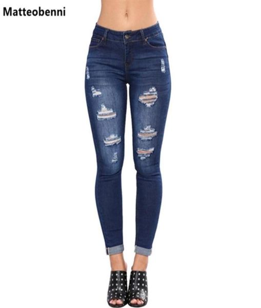 Bleach lavage râpé crayon déchiré jeans skinny femme bleu et taille skinny long pantalon rock bouton rock jeans denim extensible320a7157943