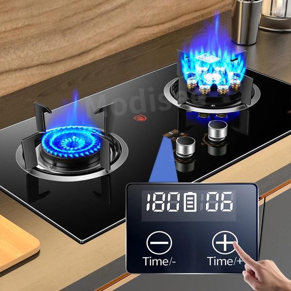 Mélangeur cuisinière à gaz table de cuisson double trou feu féroce panneau en verre trempé domestique liquéfié naturel 2 brûleurs outil de cuisine intégré