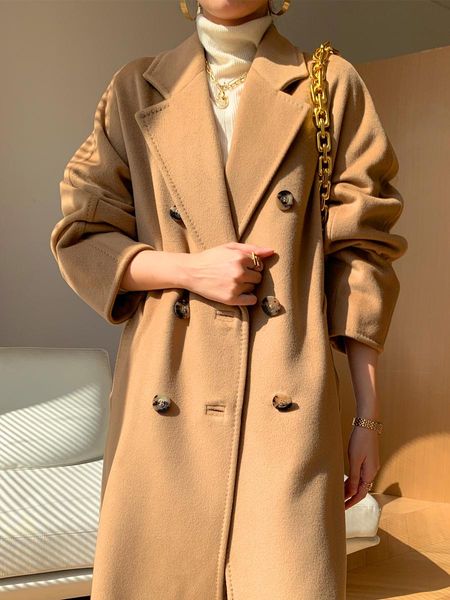 Mélanges manteau en cachemire femme haut de gamme double boutonnage camel classique luxueux automne et hiver manteau de laine mi-long femmes 101801