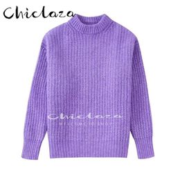 Mélanges Chiclaza femmes 2022 automne hiver mode violet tricoté pull hauts femme décontracté solide Oneck pull dames