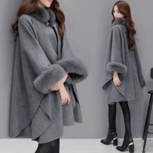 Mélanges élégants femmes manteaux d'hiver chauve-souris manches moelleuses Cape veste dame laine pardessus Cape renard col de fourrure chaud Ponchos Feminino