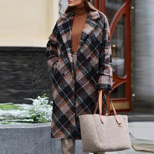 Mélanges Mode Casual Plaid Imprimer Droite Laine Manteau Hiver À Manches Longues Poche Cardigan Vestes Nouvelles Femmes Double Boutonnage Lâche Outwear