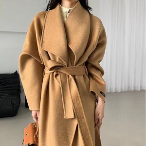 Blends Nieuwe Winter 2022 High End Luxury Fashion Wol 100% Handgemaakte gewaad Stijl Coat Elegante vrouwen Double Faced Wool Xlong Coat With Belt