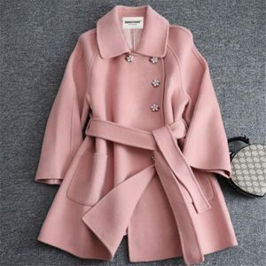 Mélanges de laine rose manteau mode femme veste nouveau 2021 automne hiver femmes fille laine mélange col POLO pardessus avec ceinture femme