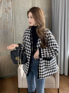 Mélanges Col en V Tweed Manteau Plaid Femmes Bouton Noir Pied De Poule Cardigan De Base 2020 À Manches Longues Mélange Veste Mode Automne Printemps Hiver