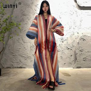 Mélanges Winyi Vêtements d'hiver pour les femmes Stripe Imprimé Pilariers Luxury Long Fur Mooter Loose Tobat épais chaud Long Down Coat Veste de mode