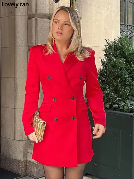 Mezclas de Navidad para mujer, abrigo corto de lana rojo brillante, moda de otoño e invierno, chaqueta de solapa cruzada, abrigo ajustado con bolsillos para mujer de Año Nuevo