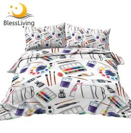 BlessLiving Art Supplies Bedding Set Waterverf Dekbedoverschoten Paletbed Set King Borstels Inks Bedebladen Slaapkamer Decor9981608