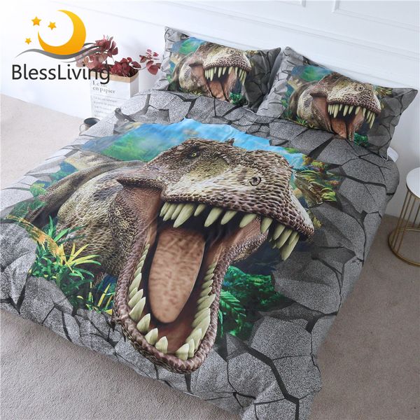 BlessLiving Juego de ropa de cama de dinosaurio 3D Colchas de animales aterradores para niños adolescentes Ladrillos agrietados Juego de cama Dientes de tiranosaurio Funda nórdica 210309