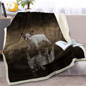 BlessLiving Pug Sherpa Couverture sur les lits Couverture d'animal pour enfants Chien Réflexion Couvre-lit 3D Bouledogue français Chiot Canapé Couverture 201222