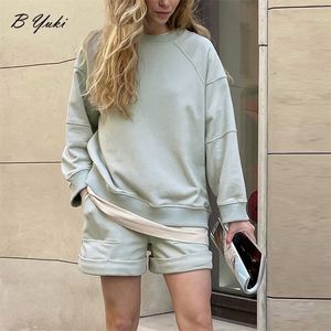 Blessyuki printemps été doux coton ensemble femmes ample décontracté 2 pièces à manches longues sweat taille haute courte solide tenues 220813